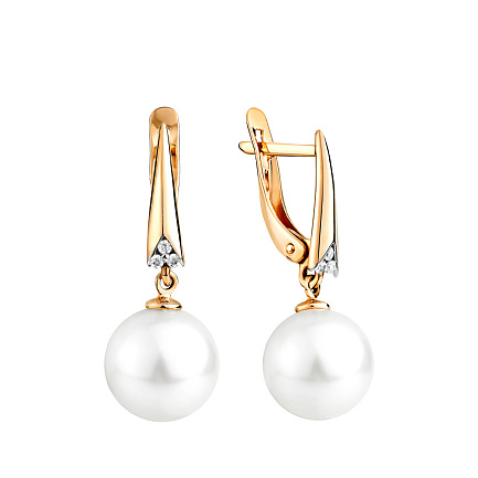 Серьги с английским замком из красного золота с жемчугом