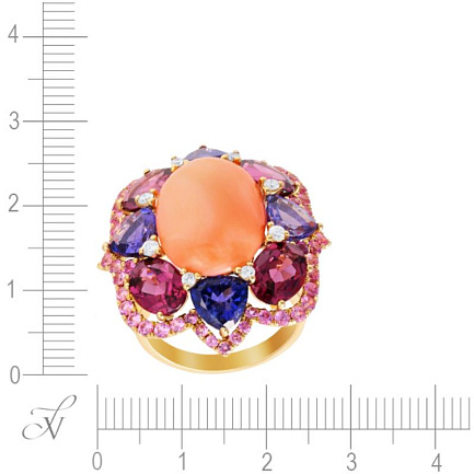 Кольцо из желтого золота с бриллиантами, кораллом