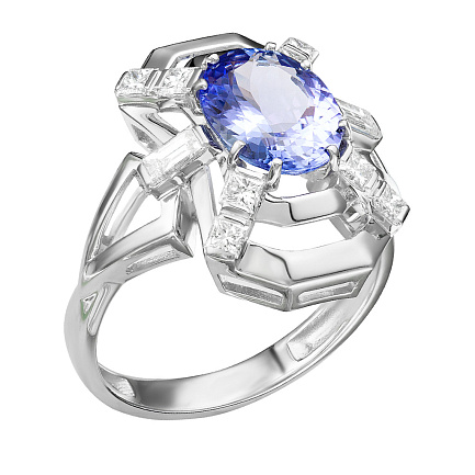 Кольцо из белого золота с бриллиантами, танзанитом