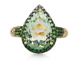 Кольцо из желтого золота с бриллиантами, цаворитами