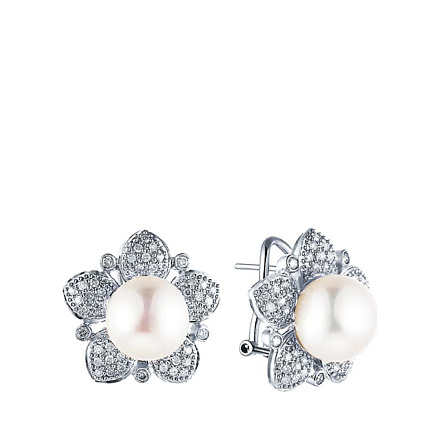 Серьги из белого золота с бриллиантами, жемчугом