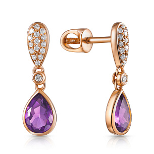 Пусеты из красного золота с бриллиантами и аметистами