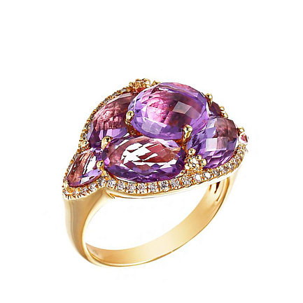 Кольцо из желтого золота с бриллиантами, аметистами