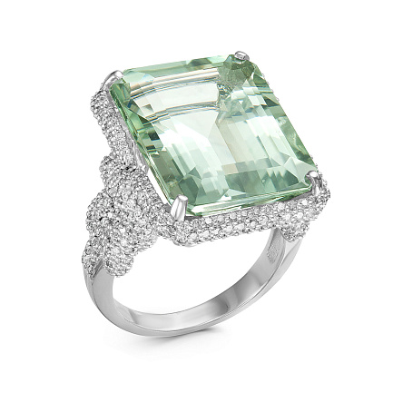 Кольцо из белого золота с бриллиантами, кварцем