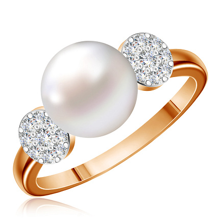 Кольцо из красного золота с жемчугом, фианитом