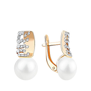Серьги с английским замком из красного золота с жемчугом и фианитом