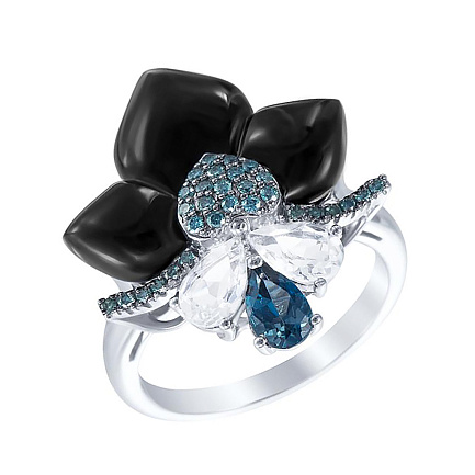 Кольцо из белого золота с бриллиантами, ониксом