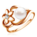 Кольцо из красного золота с жемчугом, фианитом