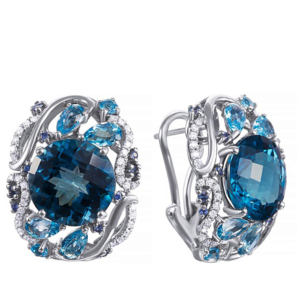 Серьги из белого золота с бриллиантами, сапфирами