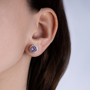 Серьги Пусеты из желтого золота с бриллиантами и аметистом