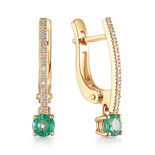 Серьги с английским замком из желтого золота с изумрудом