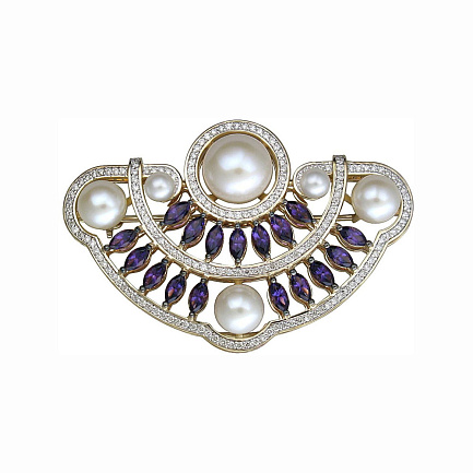 Брошь из желтого золота с аметистами, бриллиантами