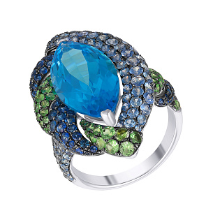 Кольцо из белого золота с сапфирами, цаворитами, топазом