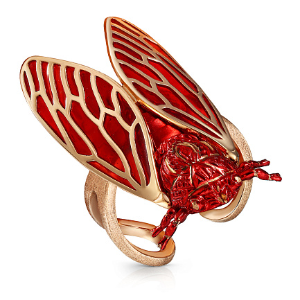 Кольцо из красного золота с сапфиром, эмалью