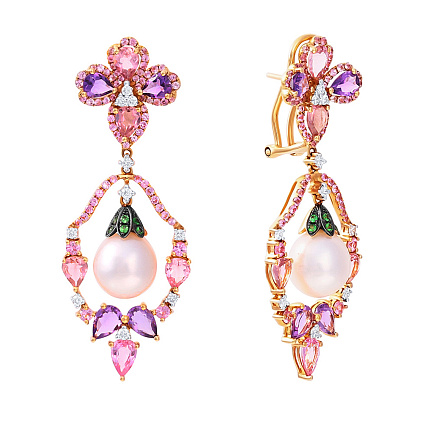 Серьги из красного золота с бриллиантами, жемчугом