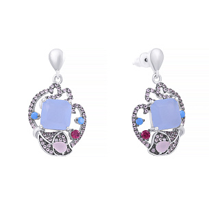 Пусеты из серебра с фианитом, стеклом