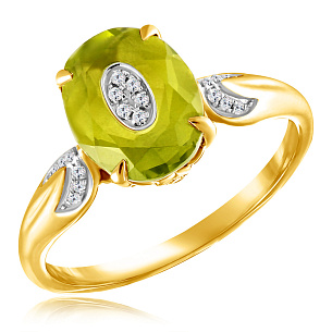 Золотое кольцо с бриллиантами, хризолитом