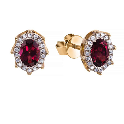 Пусеты из красного золота с бриллиантами, родолитами