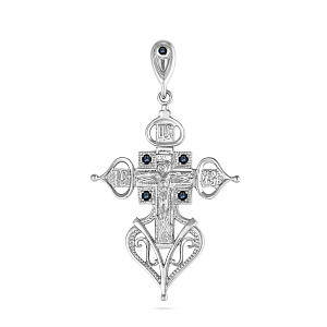 Крест из белого золота с бриллиантом, сапфирами