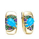 Серьги из желтого золота с бирюзой, родолитами