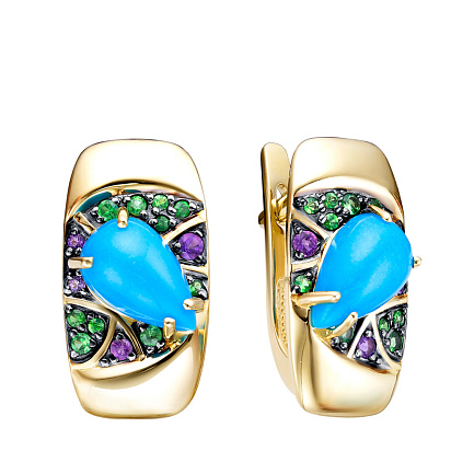 Серьги из желтого золота с бирюзой, родолитами