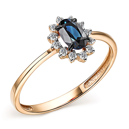 Кольцо из красного золота с бриллиантами, сапфиром