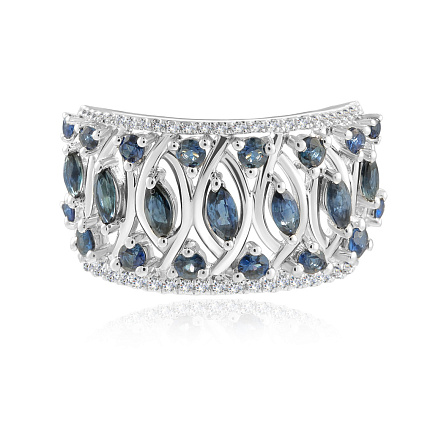 Кольцо из белого золота с бриллиантами, сапфирами