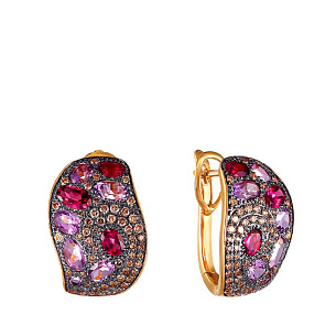 Серьги с английским замком из желтого золота с родолитом