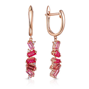 Серьги с английским замком из красного золота с бриллиантами, сапфиром и турмалином