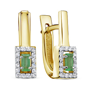 Серьги с английским замком из желтого золота с изумрудом