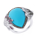 Кольцо из белого золота с бриллиантами, бирюзой
