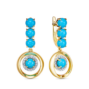 Серьги из желтого золота с бриллиантами, бирюзой
