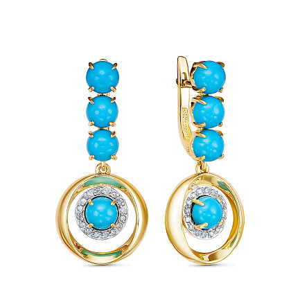 Серьги из желтого золота с бриллиантами, бирюзой