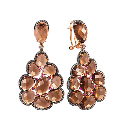 Серьги из красного золота с бриллиантами, раухтопазами