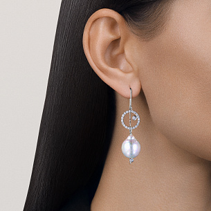 Серьги Продевки из белого золота с бриллиантами и жемчугом