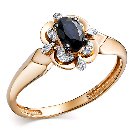 Кольцо из красного золота с бриллиантами, сапфиром