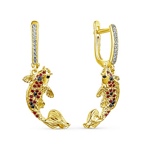 Серьги с английским замком из серебра с фианитом и золочением