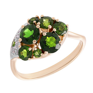 Кольцо из желтого золота с бриллиантами, диопсидами