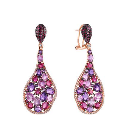 Серьги из красного золота с бриллиантами, аметистами