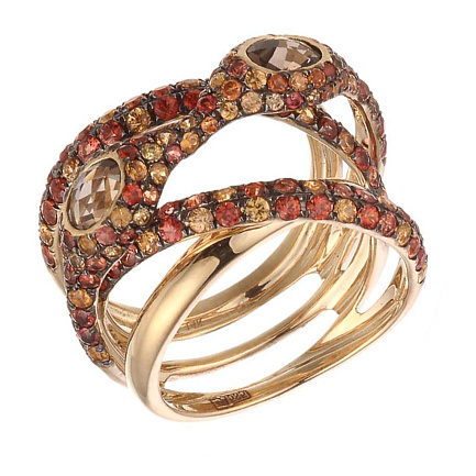 Кольцо из желтого золота с раухтопазами, сапфирами