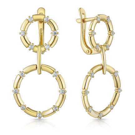 Серьги с английским замком из желтого золота с фианитом