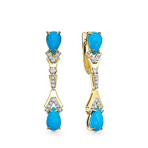 Серьги из желтого золота с бриллиантами, бирюзой