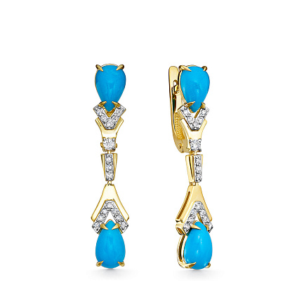 Серьги из желтого золота с бриллиантами, бирюзой