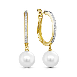 Серьги с английским замком из желтого золота с жемчугом