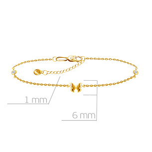 браслет на ногу декоративный из желтого золота с фианитом, плетение якорное