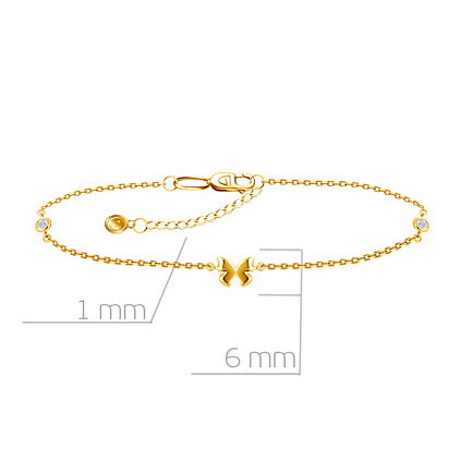 Браслет на ногу декоративный из желтого золота с фианитом, плетение якорное