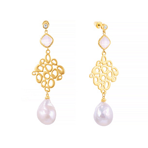 Пусеты из серебра с жемчугом, фианитом, стеклом