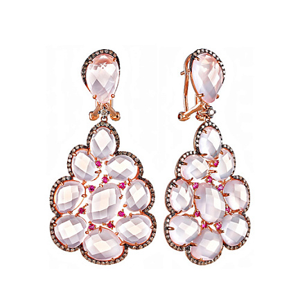 Серьги из красного золота с бриллиантами, кварцем