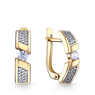 Серьги с английским замком из желтого золота с фианитом