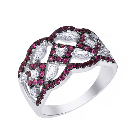 Кольцо из белого золота с бриллиантами, рубинами